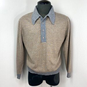 Vintage Royal Lord Jeff Mens Hounds Tooth Henley Soft Sweater Large Gray Tan USA